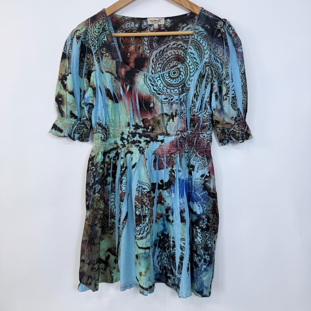 One World‎ Tunic Top Size Small Blue Multi Print Ruffle Sleeve Hippie Boho Indie